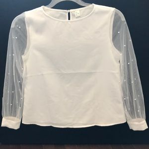 White top with sheer sleeves and pearl details, size small